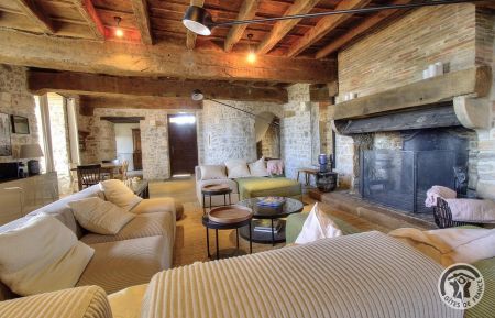 G&icirc;te de groupe n&deg;3047 Saint-&Eacute;tienne-la-Varenne - Rh&ocirc;ne - Grand G&icirc;te "Le Vigneron" - 15 personnes - Ch&acirc;teau des Tours &agrave; St Etienne-La-Varenne dans le Beaujolais - Rh&ocirc;ne : le coin salon avec canap&eacute;s et tables basses.